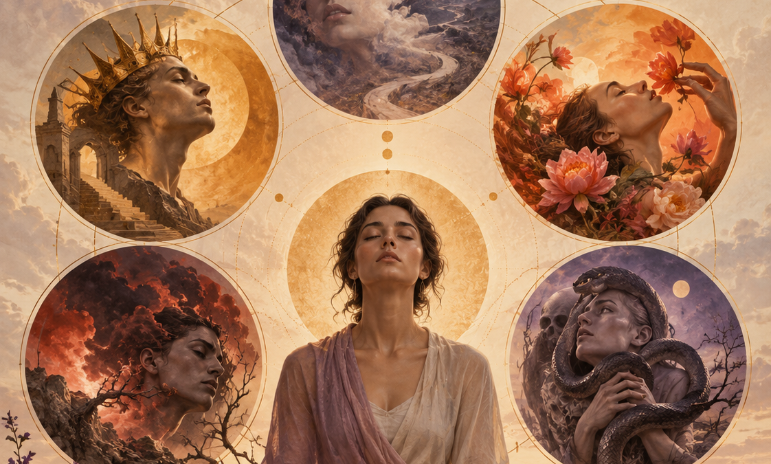 Ilustración simbólica de los 5 kleshas del yoga según Patañjali: avidya, asmita, raga, dvesa y abhinivesa.