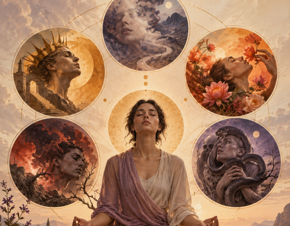 Ilustración simbólica de los 5 kleshas del yoga según Patañjali: avidya, asmita, raga, dvesa y abhinivesa.