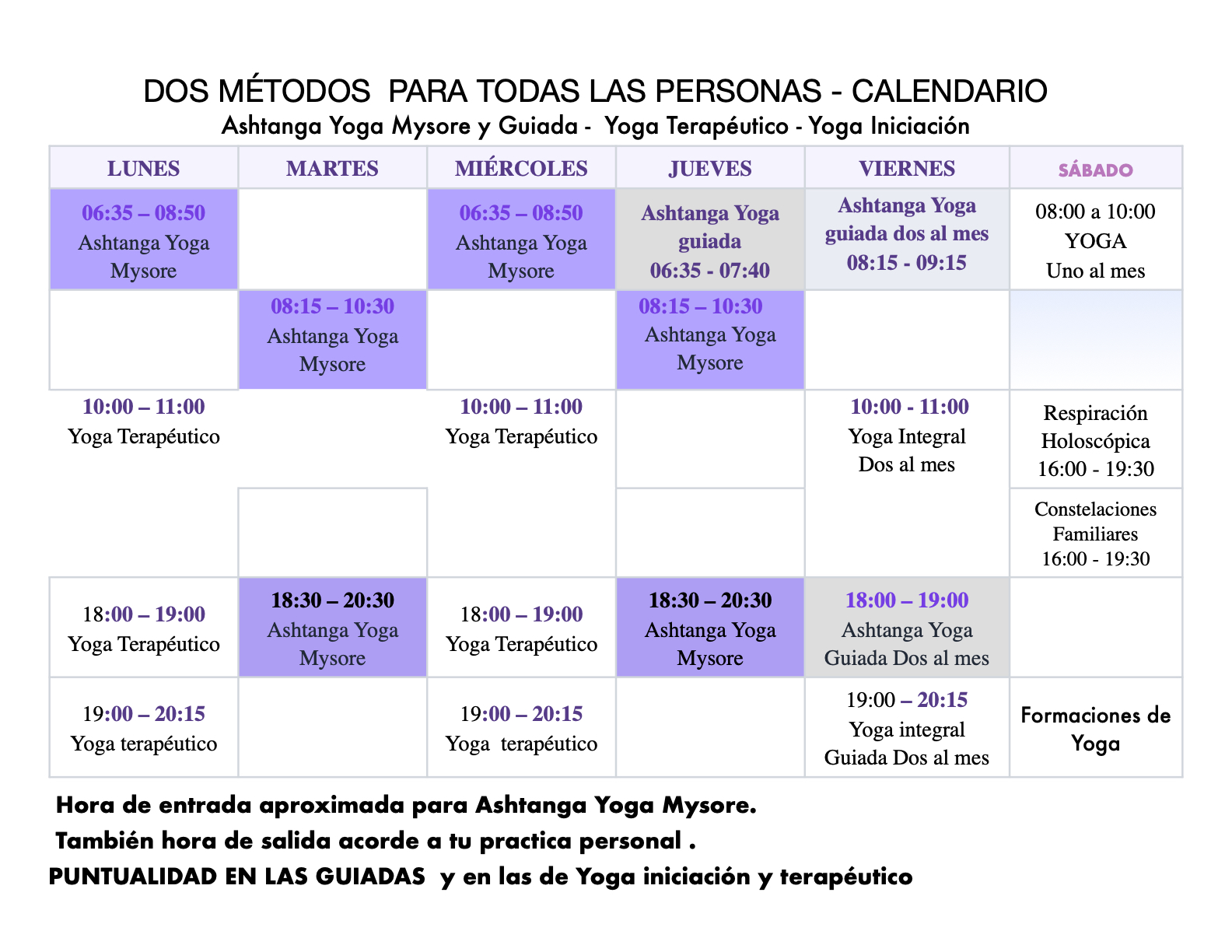 Horarios de clases de Ashtanga Yoga Mysore y Yoga Terapéutico en Dénia